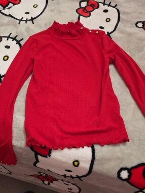 Janie and Jack Red Ribbed Ruffle Neck Top with Gold Button